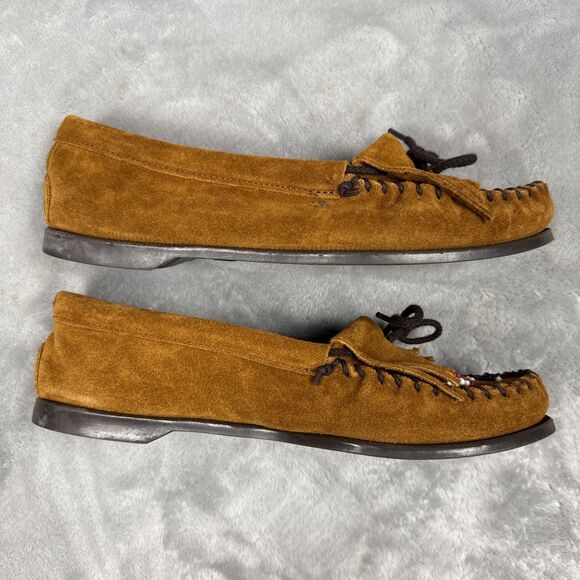 Minnetonka Thunderbird Moc Suede Moccasins Sz 9 Beaded Brown Slip On Slipper - Picture 9 of 11